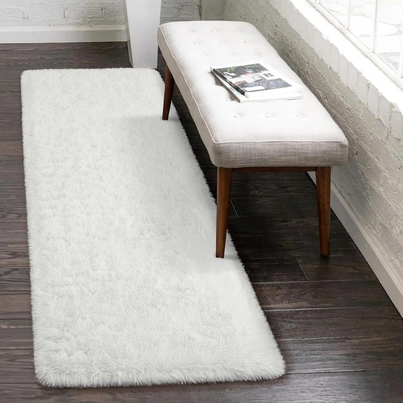 HOMORE 2x6 Runner Rugs for Bedroom, White Runner Rug for Hallway Entryway Laundry, Modern Shag Bedroom Runner Cute Carpets for Kids Dorm Bedside, Ivory - Image 4